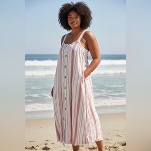 Sonoma Plus Size 3X Oversized 100% Cotton Red & Cream Midi Sundress